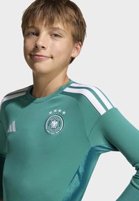 Green sports jersey made of smooth fabric, featuring white Adidas stripes on shoulders and a circular German Football Association logo.