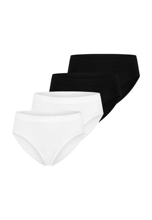 Cztery proste damskie majtki typu briefs ułożone w pary: dwie białe i dwie czarne, na białym tle.