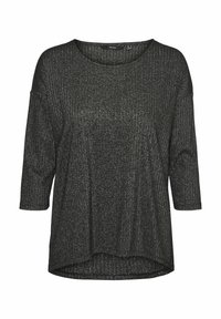 Top nero, con texture e vestibilità ampia, maniche a tre quarti e un leggero luccichio metallico. Collo arrotondato e orlo posteriore più lungo.