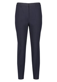 Granatowe, dopasowane spodnie garniturowe z szlufkami na pasek i przodowymi zagnieceniami, slim fit, długość do kostek.