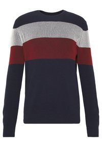 Stickad tröja med horisontella ränder i marinblå, vit och vinröd. Rund hals, långa ärmar, ribbad textur och standard passform.