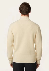 Cremefarbenes gestricktes Sweatshirt mit hohem Kragen, gerippter Textur, langen Ärmeln und geradem Saum, von hinten gezeigt.