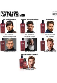 Sarja de produtos de xampu, apresentando frascos vermelhos com tampas e rótulos pretos. Cada um rotulado com usos específicos, apoiado por imagens de modelos acima.
