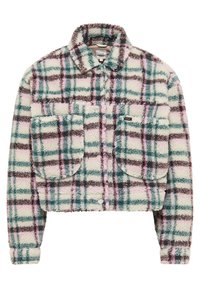 Veste en flanelle floue et raccourcie à motif écossais multicolore en vert d'eau, rose et marron, dotée de deux poches avant et d'un col.
