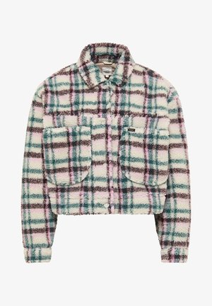 Skórzana, przycięta kurtka flanelowa z wielokolorowym wzorem w kratkę w kolorze teal, różowym i brązowym, z dwiema przednimi kieszeniami i kołnierzykiem.