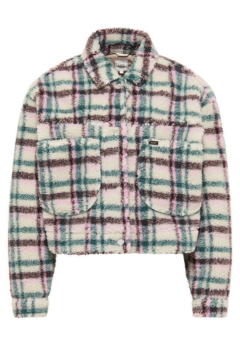 Veste en flanelle floue et raccourcie à motif écossais multicolore en vert d'eau, rose et marron, dotée de deux poches avant et d'un col.
