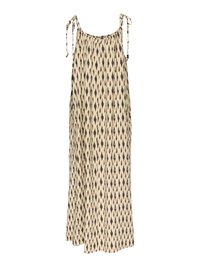 Robe maxi beige sans manches avec motif losanges noirs et marrons, encolure froncée et bretelles à nouer réglables avec accents de perles.
