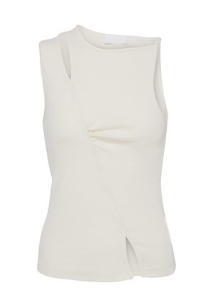 Hõlmikuta kreemjas soonikkoes top mustriliste diagonaalsete õmbluste ja väikese kogumisega esiküljel, millel on asümmeetrilised lõiked õlal ja ääres.