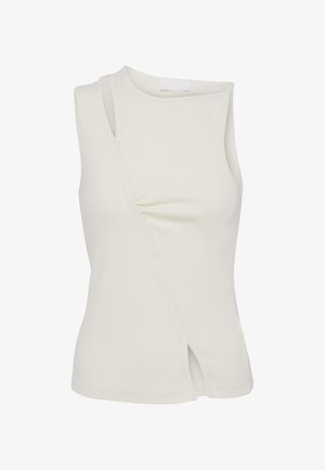 Top crem fără mâneci, cu model nervurat, cu decupaje asimetrice pe umăr și tiv, având o cusătură diagonală și o ușoară adunare în partea din față.