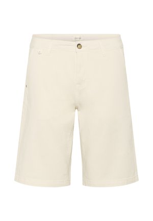 Kremne kratke hlače iz mešanice bombaža, ki imajo gumbasto zapiranje, zanke za pas in stranske žepke; gladka tekstura s pravim krojem.