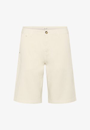 Bermudas de color crema hechas de una mezcla de algodón, con cierre de botón, cinturas con presillas y bolsillos laterales; textura suave con un diseño de corte recto.