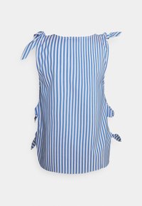 Top sem mangas listrado em azul e branco, feito de tecido leve, com laços laterais e decote arredondado.