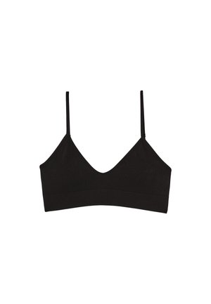 Black seamless bralette with thin adjustable straps and a V-neckline made of ribbed fabric.