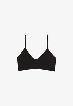 Black seamless bralette with thin adjustable straps and a V-neckline made of ribbed fabric.
