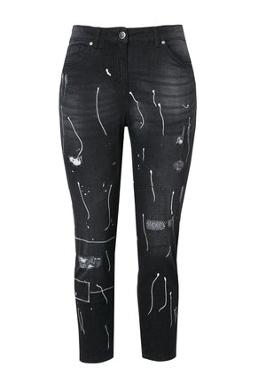 Jeans in denim nero con dettagli di spruzzi di vernice bianca, sezioni strappate e un design slim fit, chiusura con bottone e passanti per la cintura.