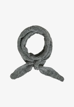 Grau, strukturierter Schal in Form einer Schleife mit gebundenen Enden, aus weichem Material gefertigt, das ein gemütliches, warmes Aussehen zeigt.