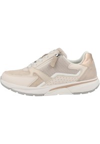 Beżowe sneakersy z siateczkowym wierzchem, z zamszowymi akcentami, teksturowaną piętą i perforowanymi detalami. Sznurówki z zamkiem błyskawicznym. Gumowa podeszwa.