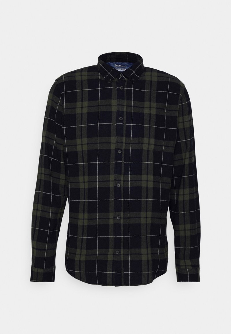 Skjorta med knappar i mörk marinblå och olivgrön rutigt mönster, med krage, långa ärmar och en enkel bröstficka. Mjuk tygtextur.