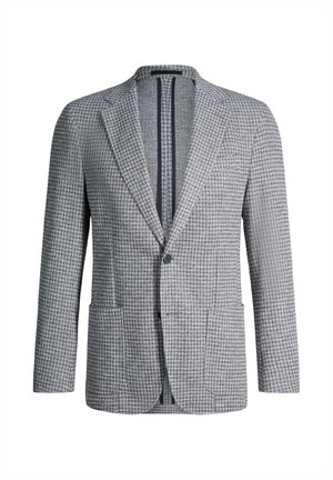 Blazer monopetto grigio e bianco con motivo pied-de-poule, con rever a lancia e due tasche a toppa frontali, mostrato su sfondo bianco.