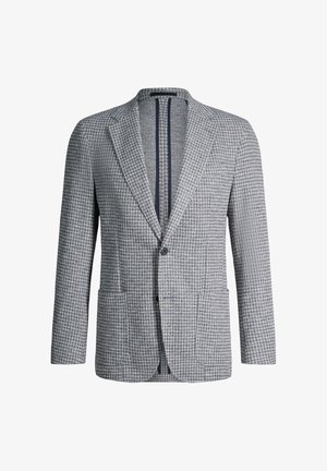 Blazer gris et blanc à bouton unique avec motif pied-de-poule, col cranté et deux poches plaquées à l'avant, présenté sur un fond blanc.
