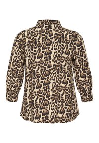 Leopardo-kuvioinen paita, jossa on kevyt kangas, kauluksen tyyli, pitkät puffihihat ja elastiset hihansuut, beige ja ruskea väritys.