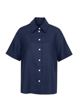 Camicia a maniche corte blu navy realizzata in lino leggero. Presenta un colletto e bottoni bianchi sul davanti, con una vestibilità rilassata.