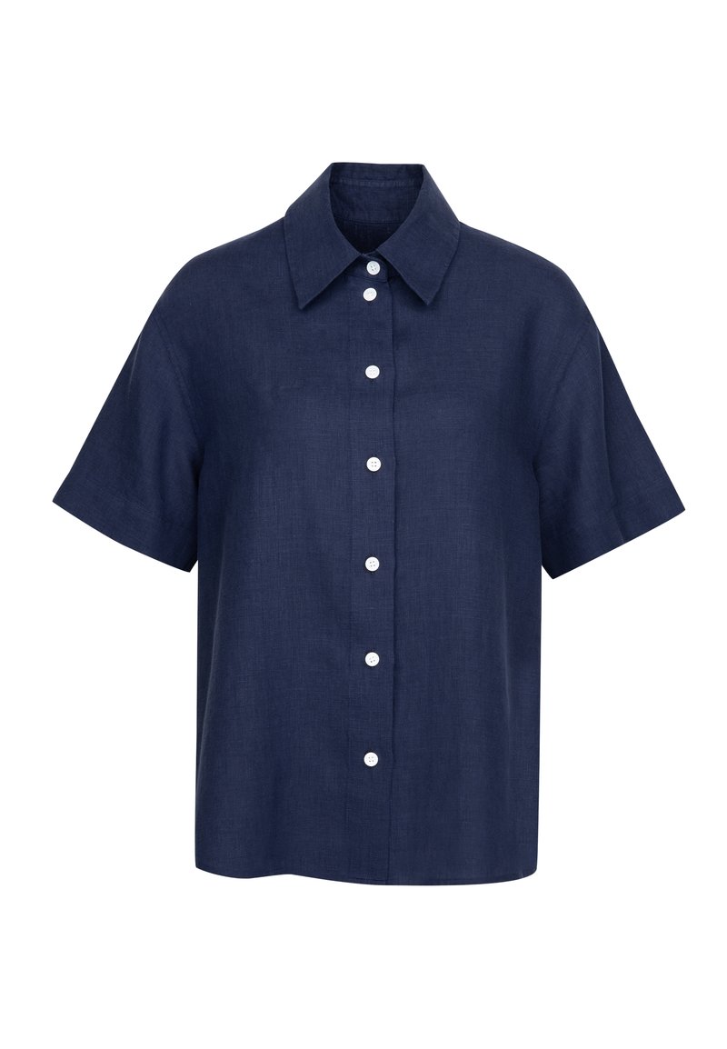 Camicia a maniche corte blu navy realizzata in lino leggero. Presenta un colletto e bottoni bianchi sul davanti, con una vestibilità rilassata.