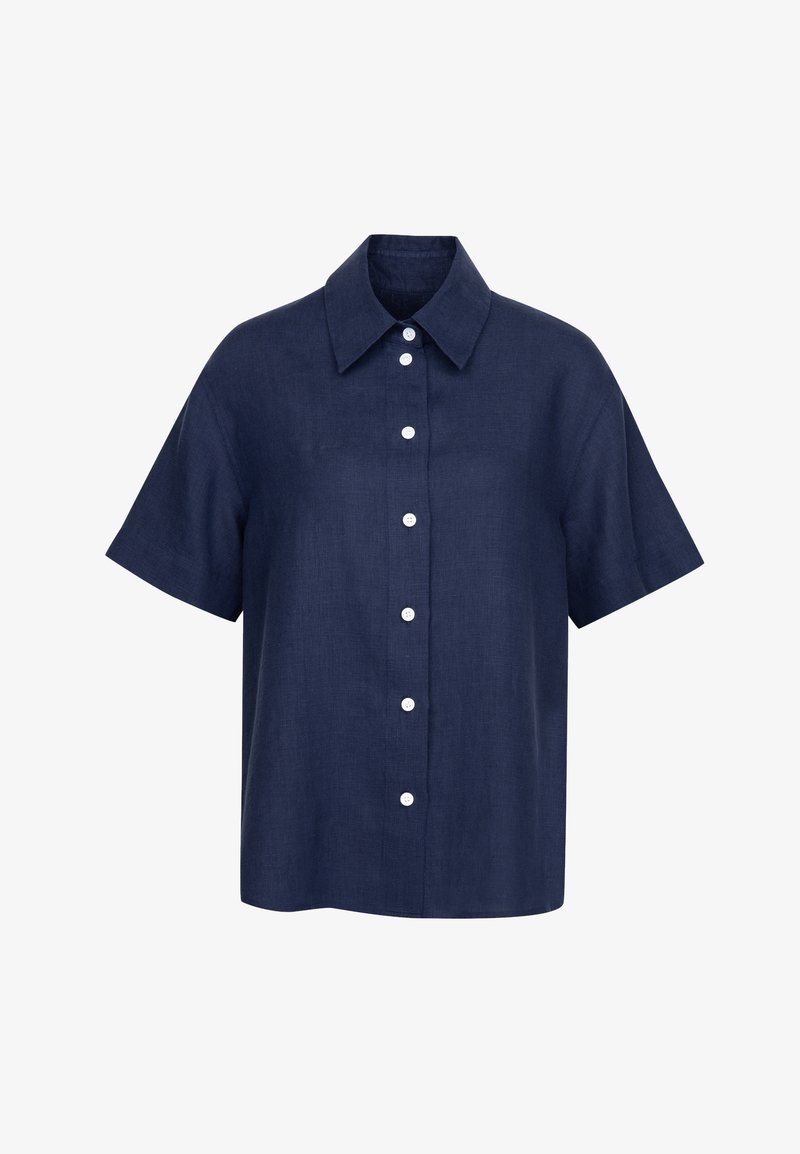 Camicia a maniche corte blu navy realizzata in lino leggero. Presenta un colletto e bottoni bianchi sul davanti, con una vestibilità rilassata.