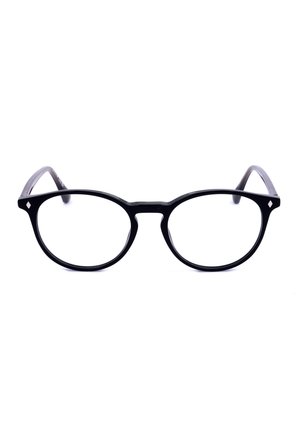 Montatura rotonda per occhiali nera con aste sottili e piccoli accenti decorativi a forma di diamante negli angoli anteriori.