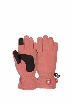 Pair of pink fleece gloves with black grip patches on palm and thumb, elastic wrists, and small flags and logo tags on cuffs.
