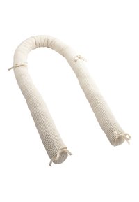 White fabric door draft stopper in a cylindrical shape, featuring a textured woven pattern and tied with fabric ribbons at both ends.