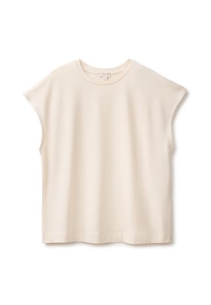 Crèmekleurig T-shirt met korte mouwen, ronde hals, losse pasvorm en zonder zichtbare patronen of logo's op een witte achtergrond.