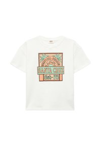 Camiseta corta blanca con un diseño gráfico colorido que presenta palmeras y un sol, mostrando el texto "SANTA CRUZ" y "Est-78".