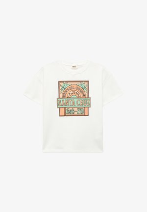 Camiseta corta blanca con un diseño gráfico colorido que presenta palmeras y un sol, mostrando el texto "SANTA CRUZ" y "Est-78".