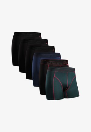 Sechs Paare Herren-Boxershorts in Schwarz, Marineblau und Dunkelgrün, mit elastischen Bündchen, die das Logo "DANISH ENDURANCE" und kontrastierende Nähte aufweisen.