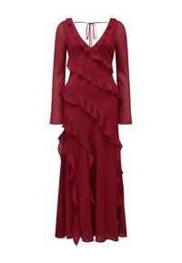 Lungo abito rosso realizzato in tessuto leggero, con scollatura a V, maniche lunghe e ruffles che cadono lungo il corpo e la gonna. Laccetto regolabile sul retro.