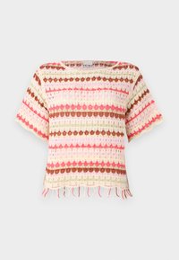 Spitzenstrickoberteil mit bunten horizontalen Streifen in Pink, Rot, Grün und Braun. Kurze �Ärmel und fransiger Saum.