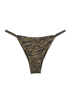 Dół bikini w stylu stringów z cienkimi bocznymi paskami i wzorem w brązowo-czarne paski tygrysa na gładkiej tkaninie.