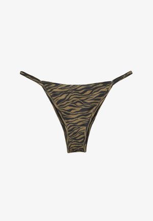 Fund de bikini stil tanga cu bretele laterale subțiri și un model cu dungi de tigru maro și negru pe un material neted.