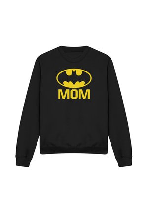 Black long-sleeve sweatshirt with a yellow Batman logo above the word "MOM" printed in yellow on the front.