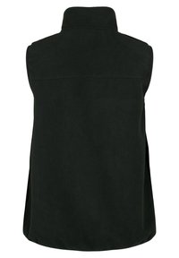 Gilet en polaire vert foncé avec un col haut, design sans manches et texture lisse. Présente une coupe simple sans embellissements.