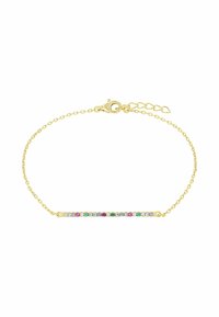 Bracciale in oro con una fila orizzontale di pietre preziose colorate in rosa, verde e trasparente, dotato di chiusura a moschettone e catena di estensione.