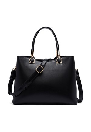 Sac à main en cuir noir avec deux poignées supérieures, une bandoulière amovible avec boucle, et des détails en métal doré.