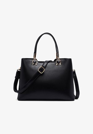 Sac à main en cuir noir avec deux poignées supérieures, une bandoulière amovible avec boucle, et des détails en métal doré.