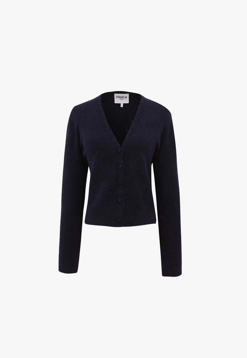 Navy knit cardigan, deep V-neck, long sleeves, five button closure, soft texture, slightly fitted design, suitable for layering.