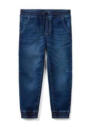 Mørkeblå denim joggebukser med elastisk talje, snor, forlommer og elastiske manchetter ved anklerne på hvid baggrund.
