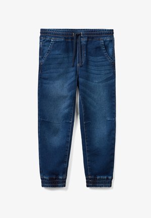 Mørkeblå denim joggebukser med elastisk talje, snor, forlommer og elastiske manchetter ved anklerne på hvid baggrund.