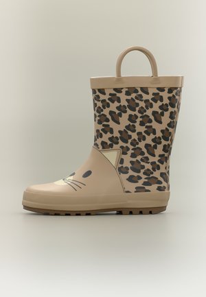 Béžová detská gumáka s hornou časťou s leopardím vzorom, mačacou tvárou a ušami vpredu a s uchom na ťahanie v hornej časti.