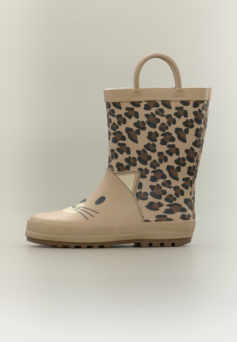 Μπεζ παιδική γαλότσα με επάνω μέρος με λεοπάρ σχέδιο, μωρό γάτας και αυτιά στο μπροστινό μέρος, και χερούλι έλξης στην κορυφή.