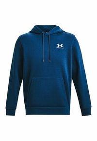 Sweat à capuche bleu marine en tissu doux, avec une poche kangourou à l'avant, des cordons de serrage réglables et un logo blanc sur la poitrine.